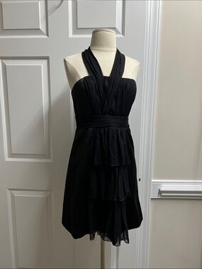 Nancy Rose Performance Black Halter Ruffled silk Dress sz 6 strapless